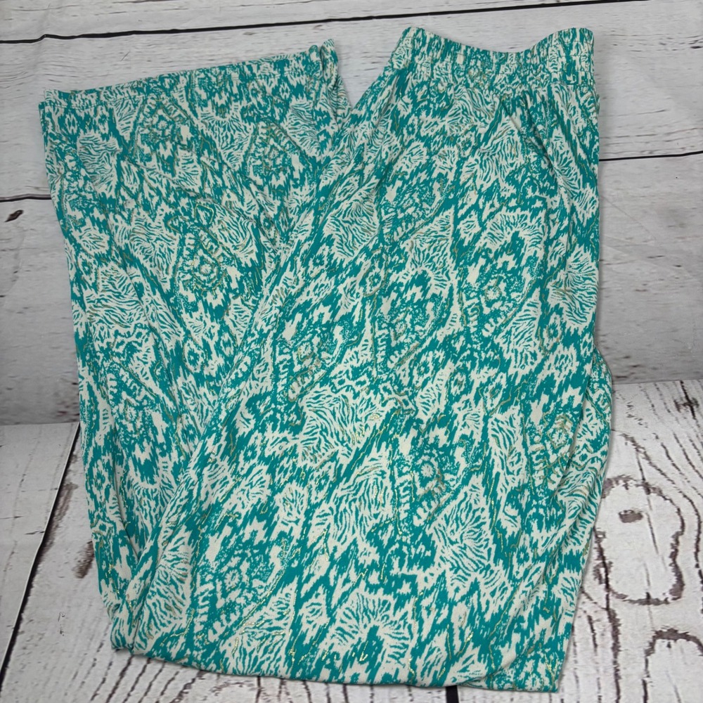 Iman Global Chic Teal Ikat Gold Metallic Wide Leg Pants Large Long Soft Comfy